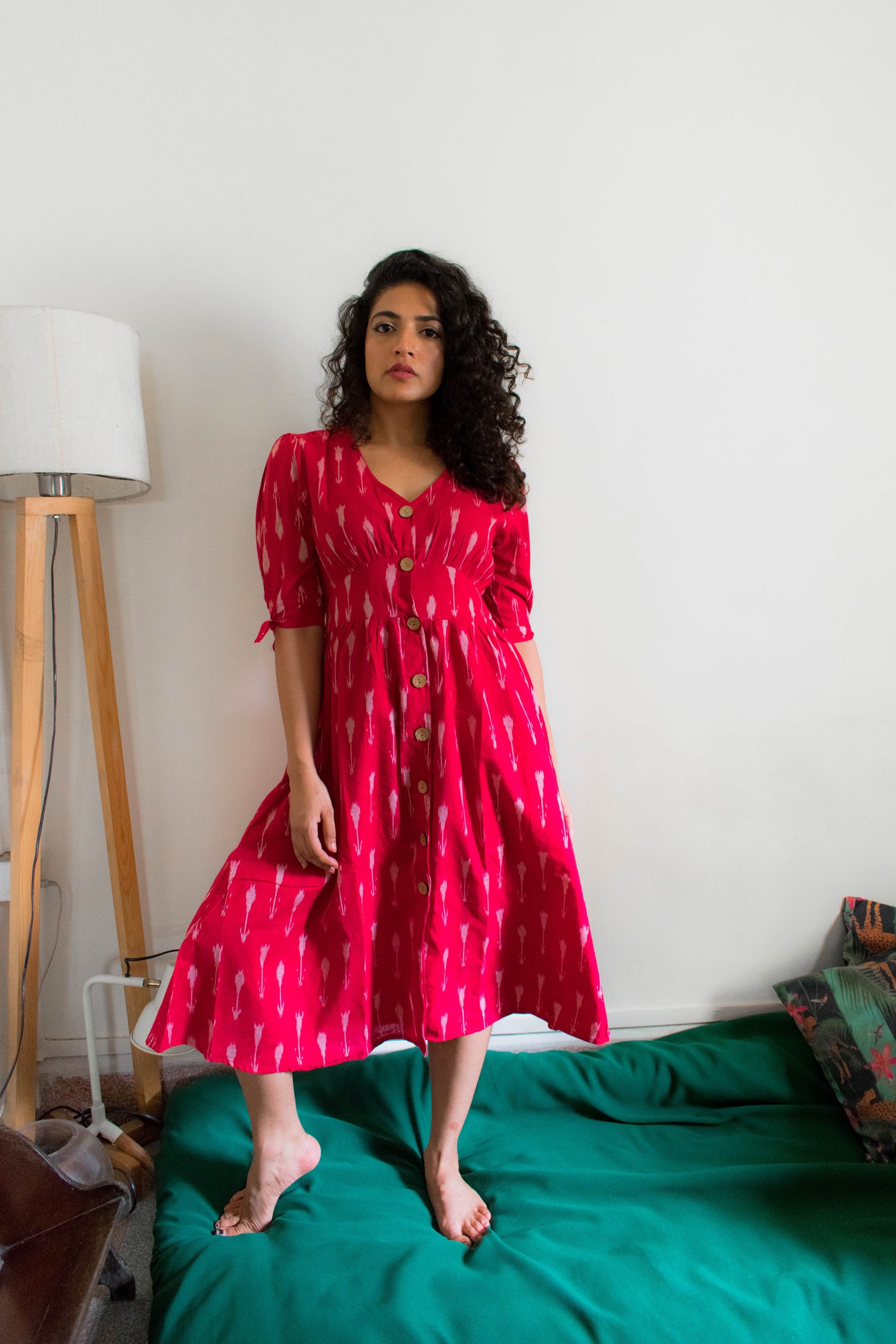 Mirch red ikat button down pure handloom cotton dress  Edit alt text