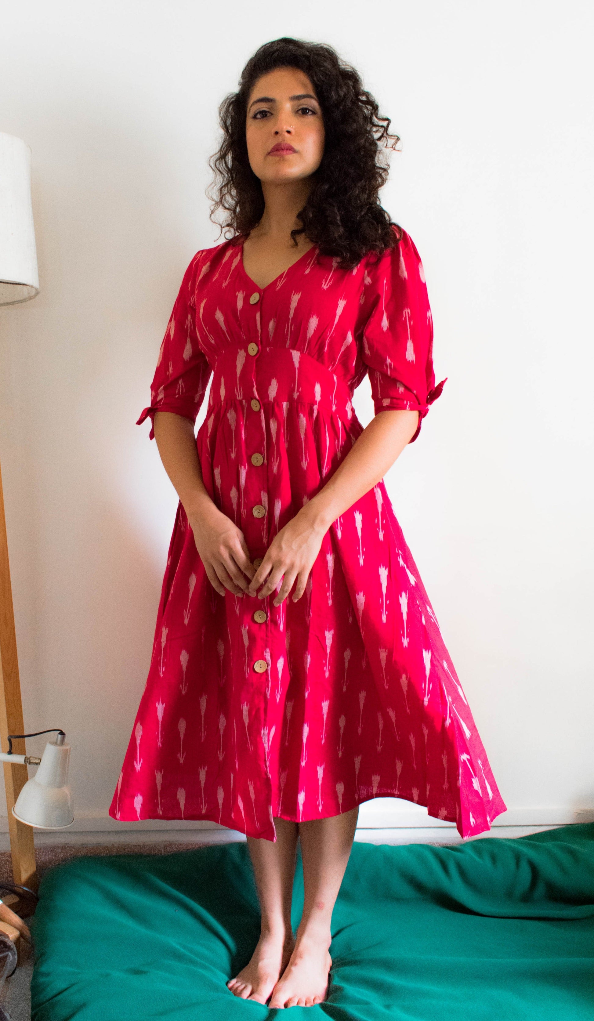 Mirch red ikat button down pure handloom cotton dress
