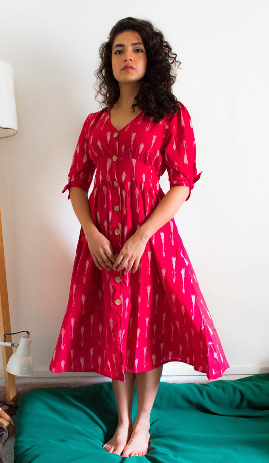 Mirch red ikat button down pure handloom cotton dress