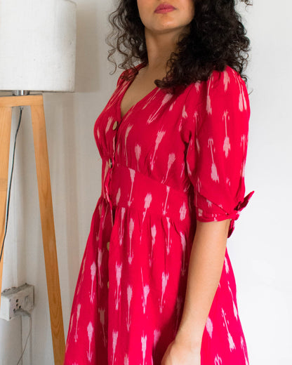 Mirch red ikat button down pure handloom cotton dress  Edit alt text