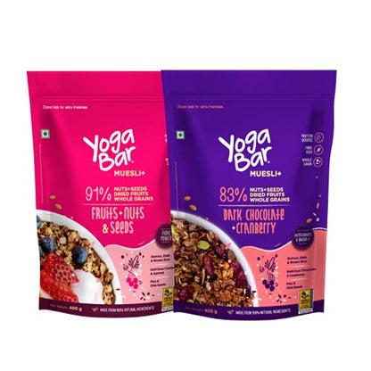 Wholegrain Breakfast Muesli - Fruits Nuts & Seeds + Dark Chocolate Cranberry (Pack Of 2)