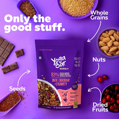 Combo of Dark Chocolate + Cranberries Wholegrain Muesli - 400g + 100% Peanut Butter - 400g