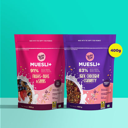 Combo of 2 - Dark Chocolate + Cranberries & Fruits, Nuts & Seeds Wholegrain Muesli (2 X 700g)