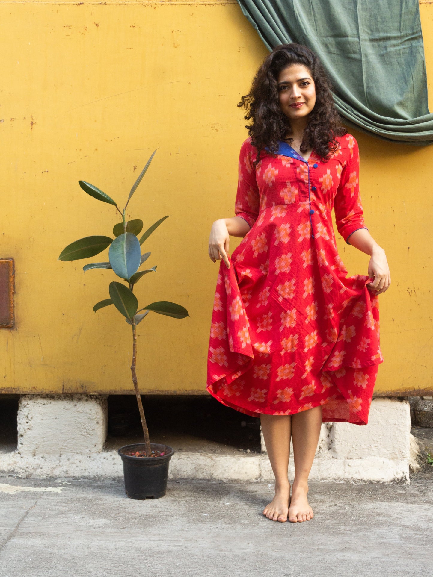 Laal Trikon Ikat pure handloom cotton patchwork red and blue dress
