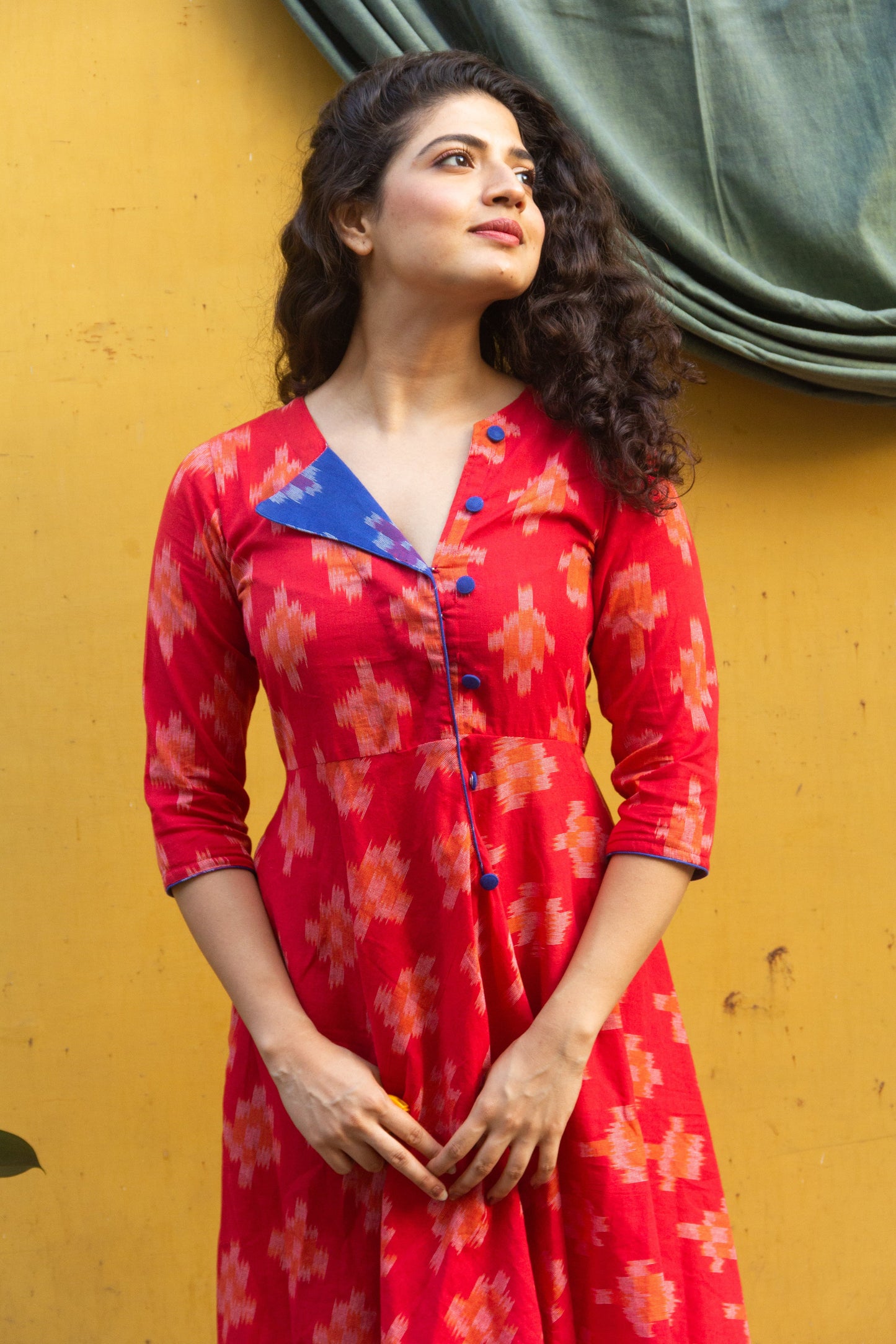 Laal Trikon Ikat pure handloom cotton patchwork red and blue dress