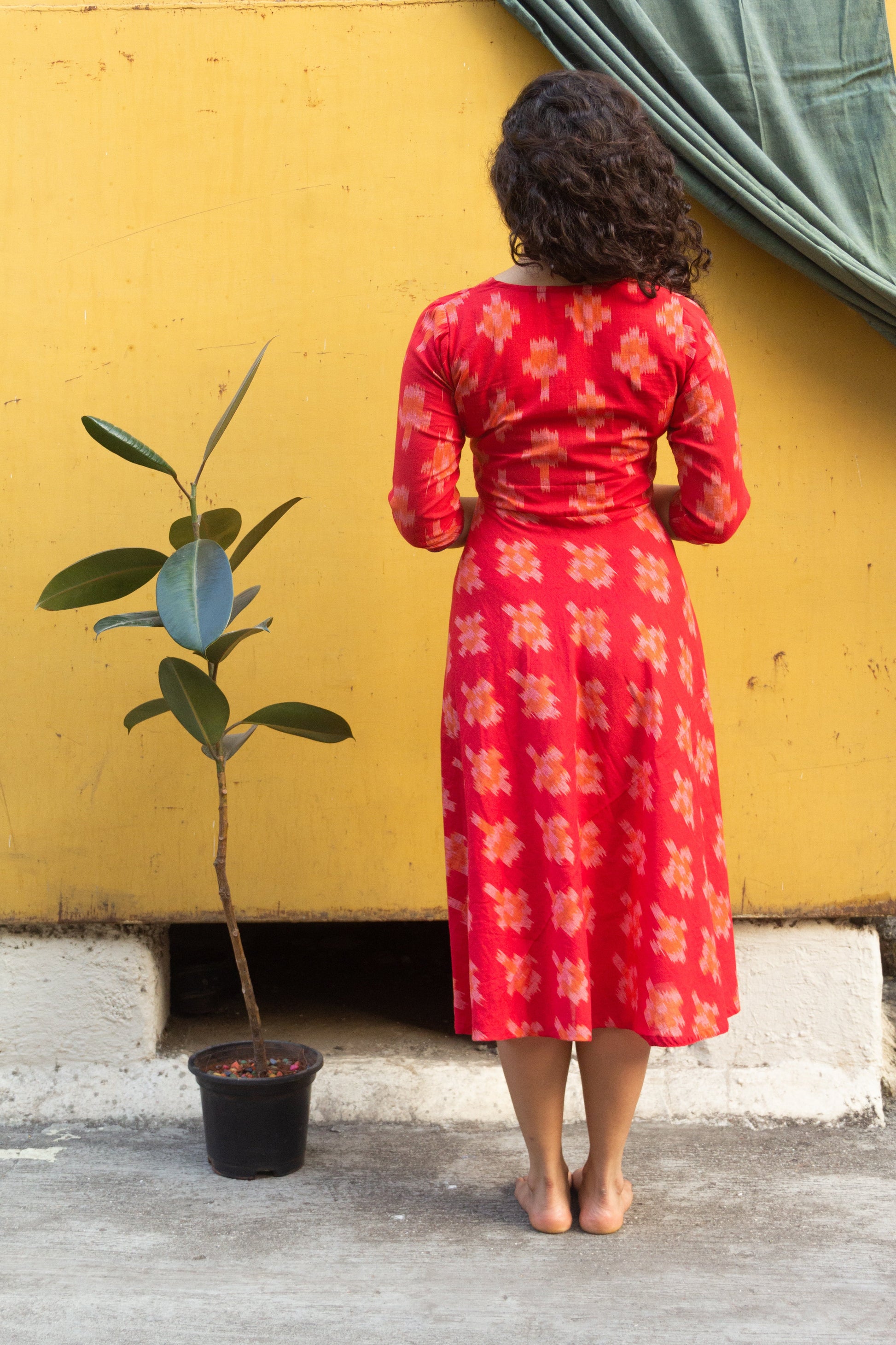 Laal Trikon Ikat pure handloom cotton patchwork red and blue dress