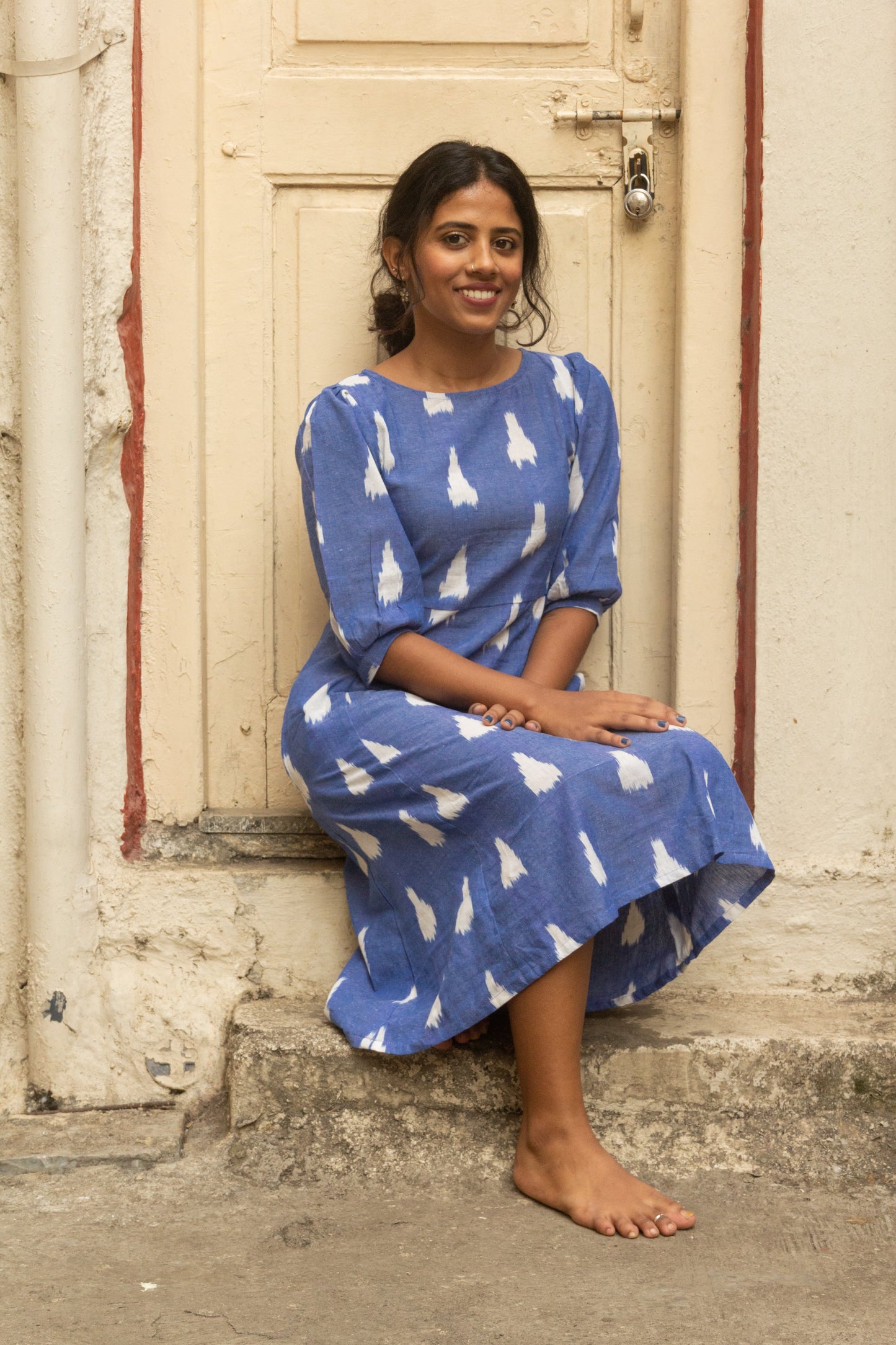 Heera Ikat dress in pink and blue pure handloom cotton 