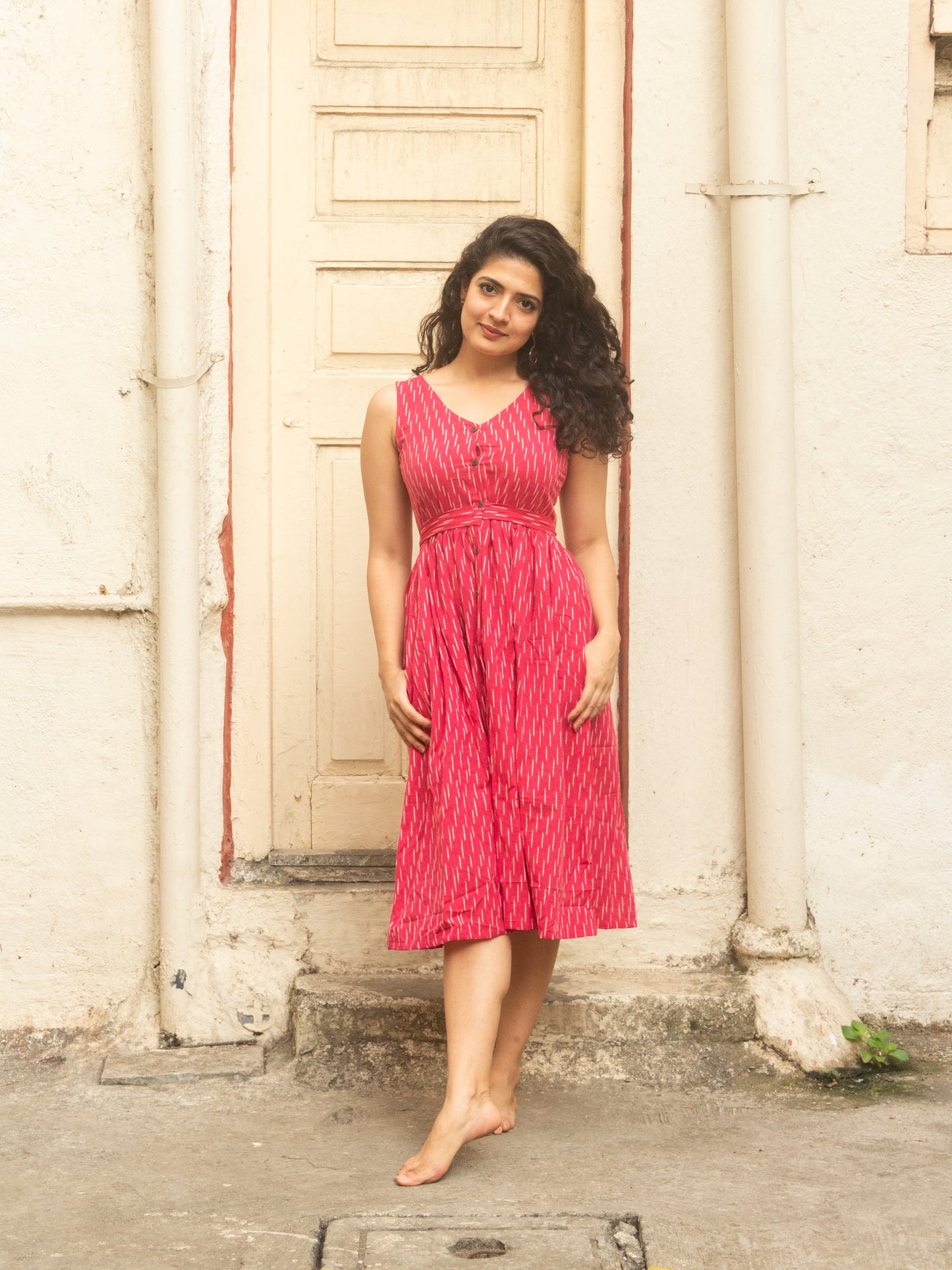 Gulaabo pink Ikat pure handloom cotton frock style dress