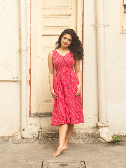 Gulaabo pink Ikat pure handloom cotton frock style dress