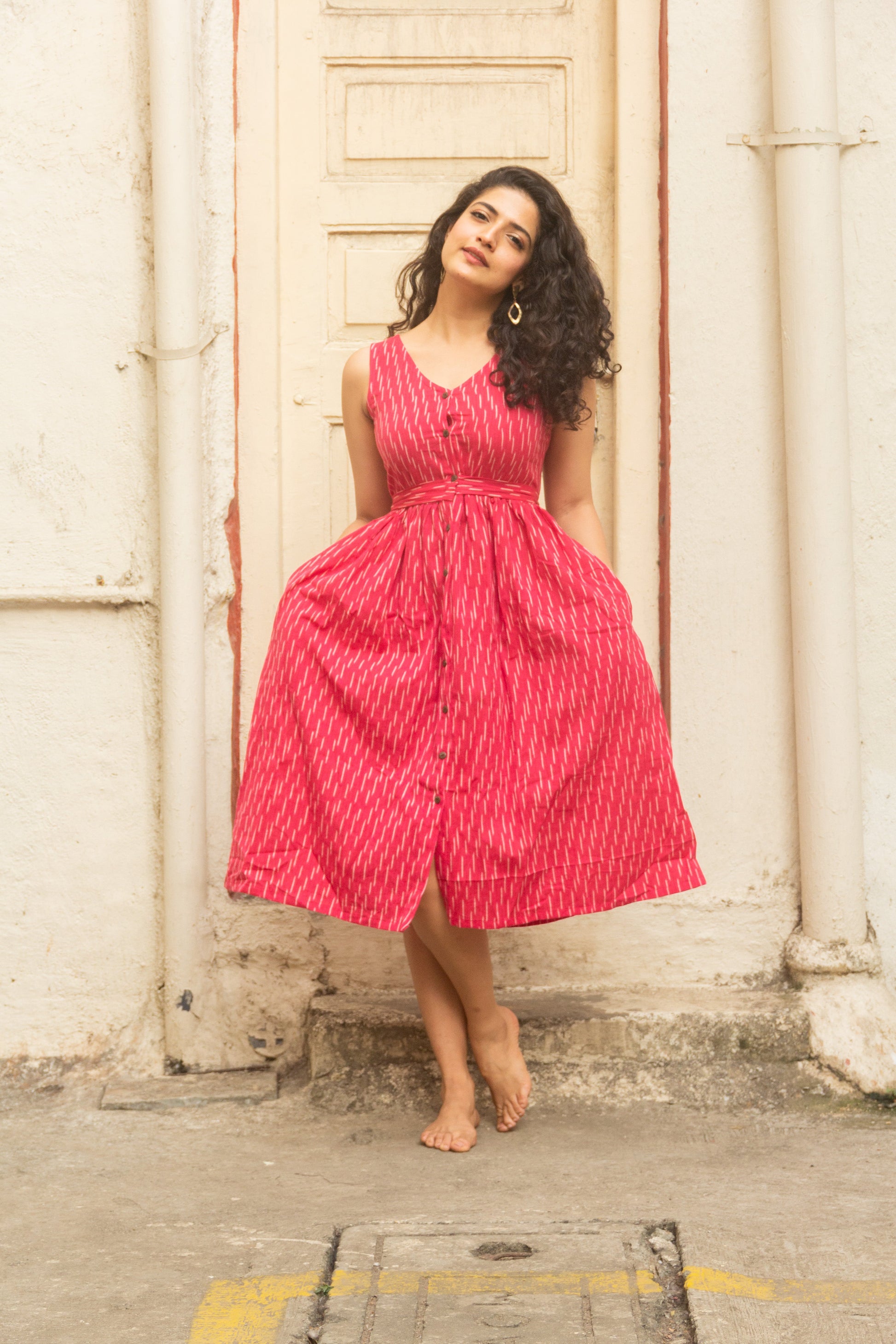 Gulaabo pink Ikat pure handloom cotton frock style dress