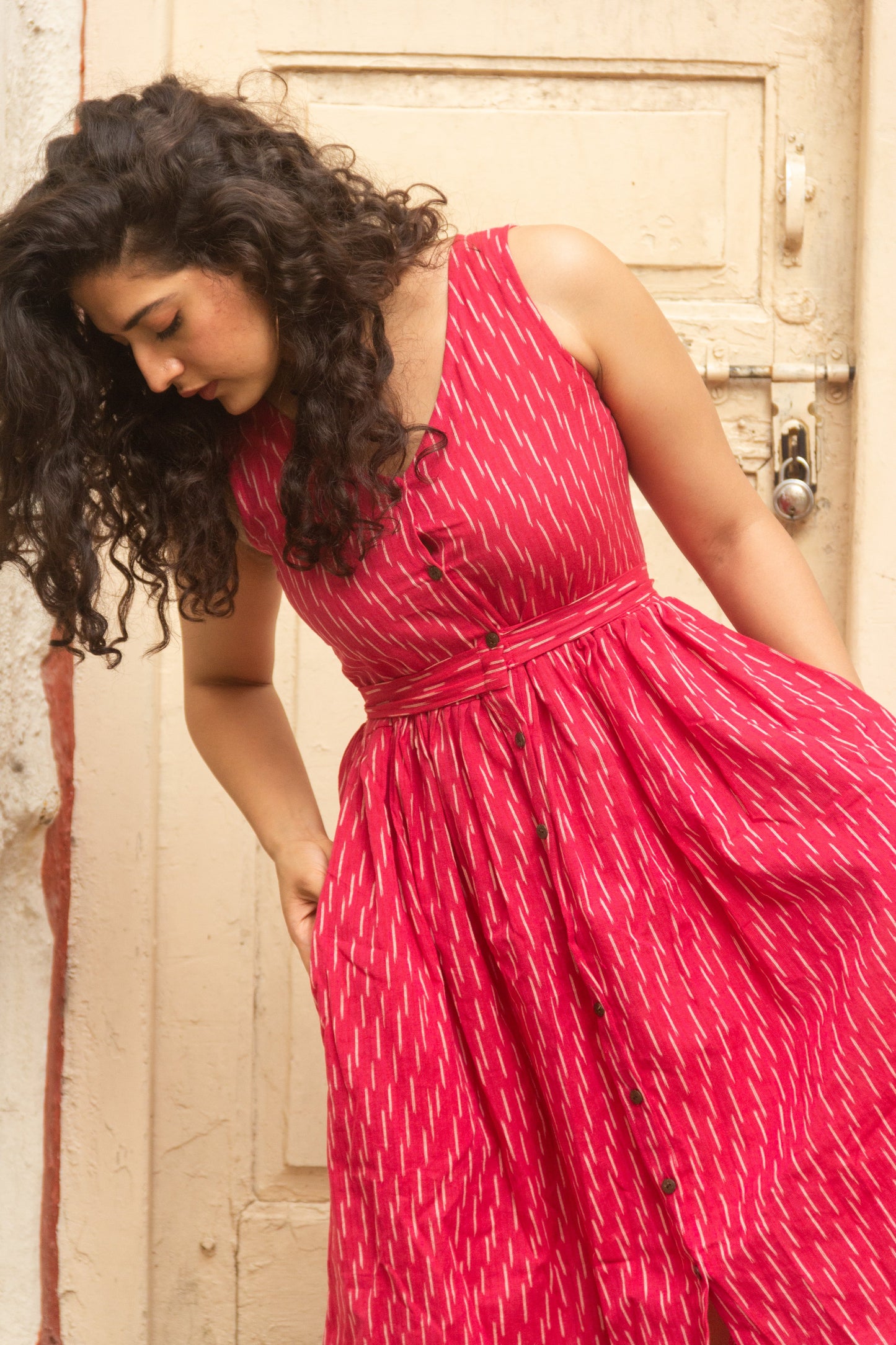 Gulaabo pink Ikat pure handloom cotton frock style dress