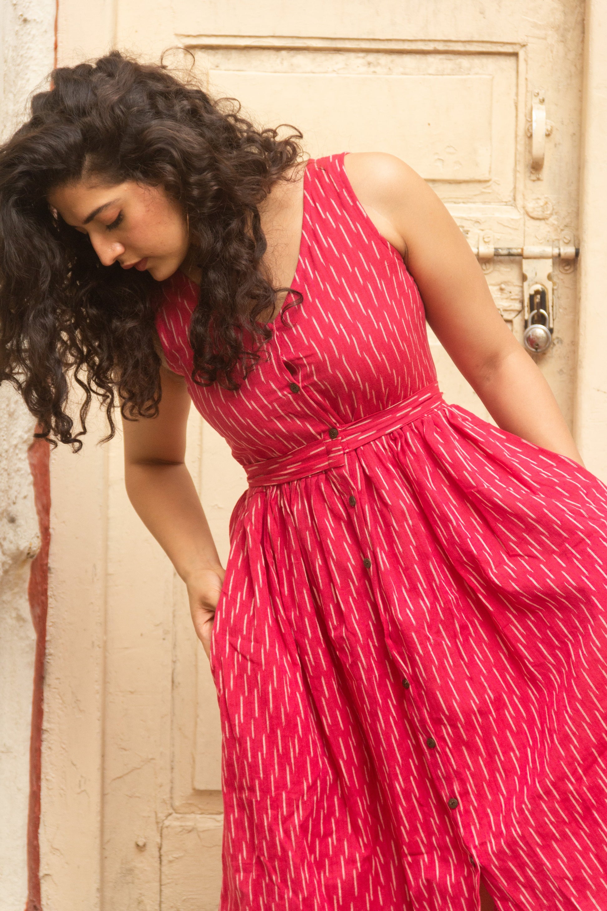 Gulaabo pink Ikat pure handloom cotton frock style dress