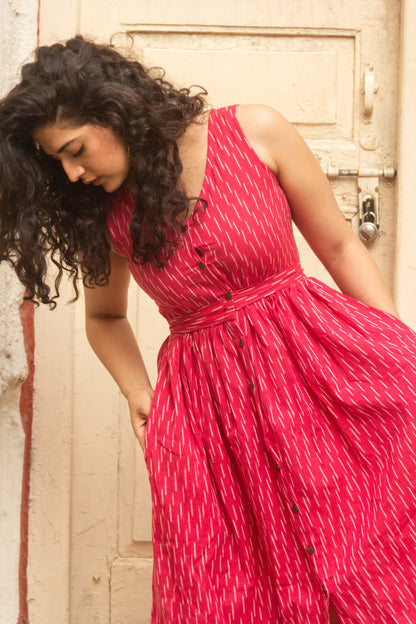 Gulaabo pink Ikat pure handloom cotton frock style dress