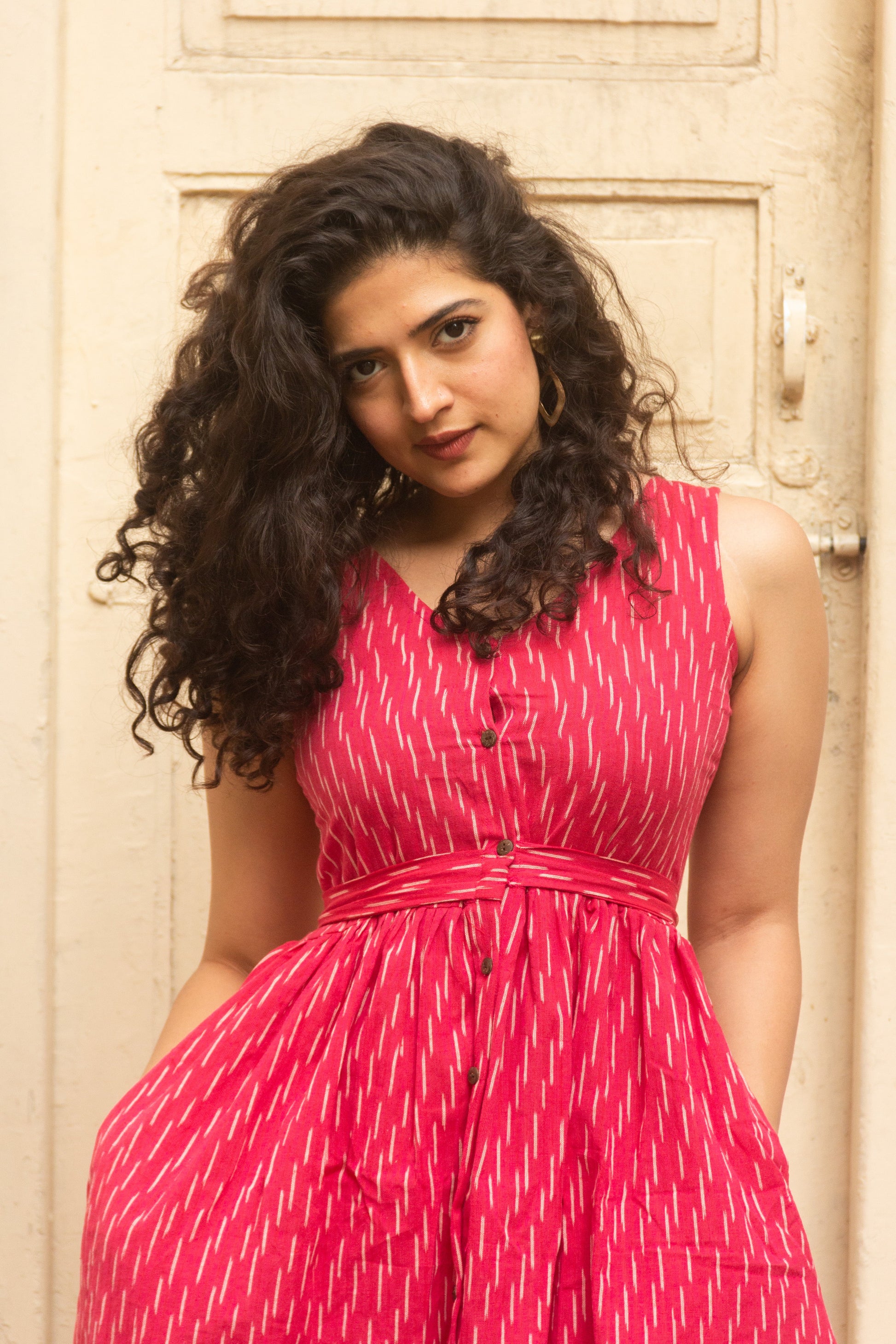 Gulaabo pink Ikat pure handloom cotton frock style dress