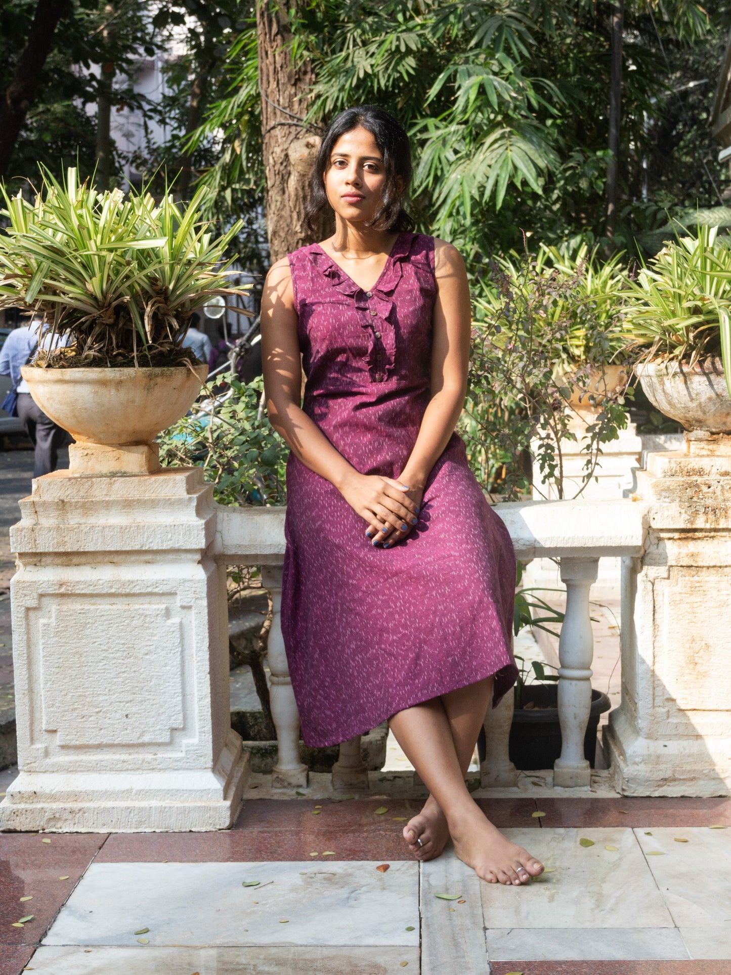 Imaarat Ikat pure handloom cotton frock style dress with frills