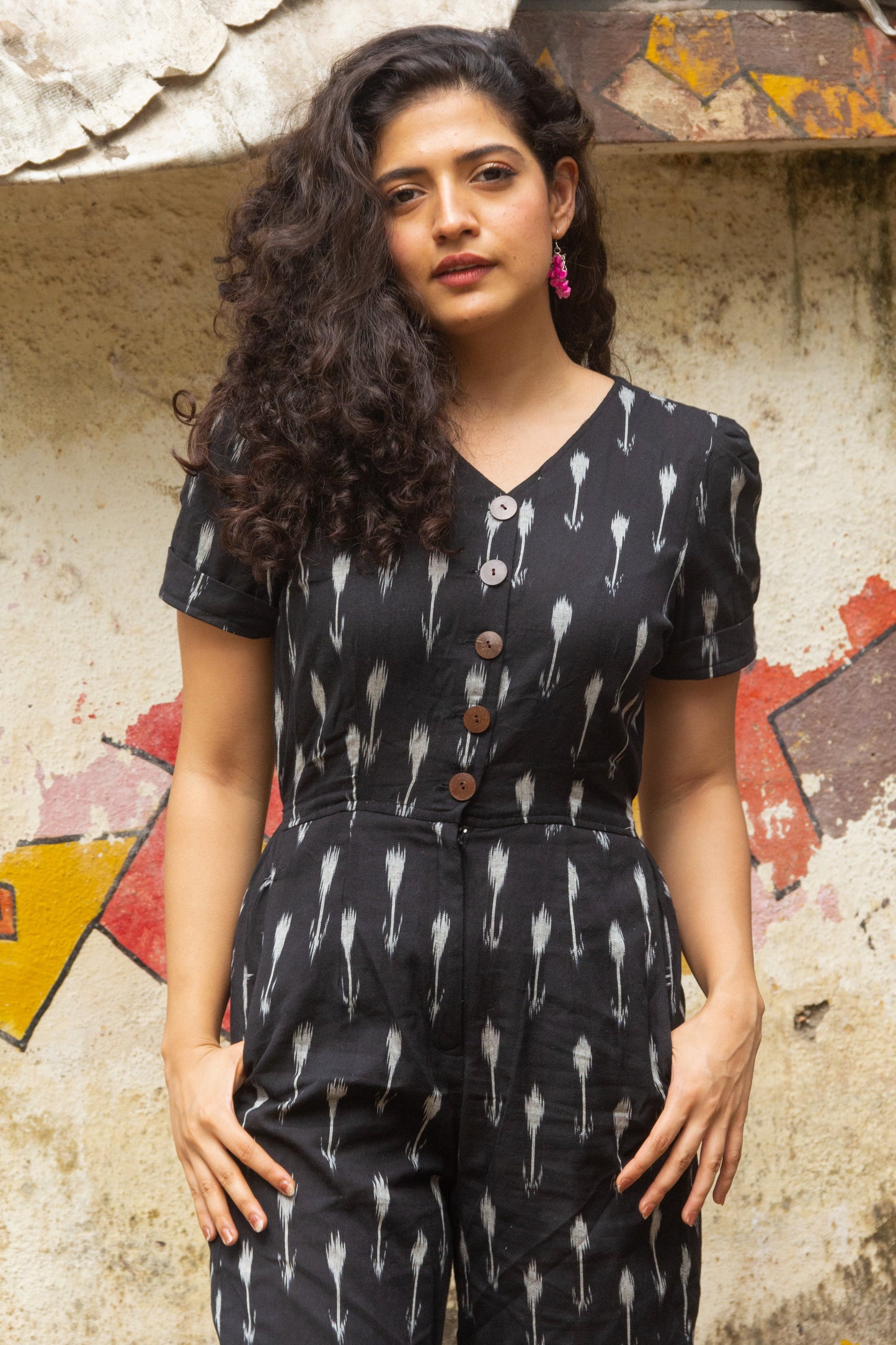 Black Ikat pure handloom cotton jumpsuit for summers