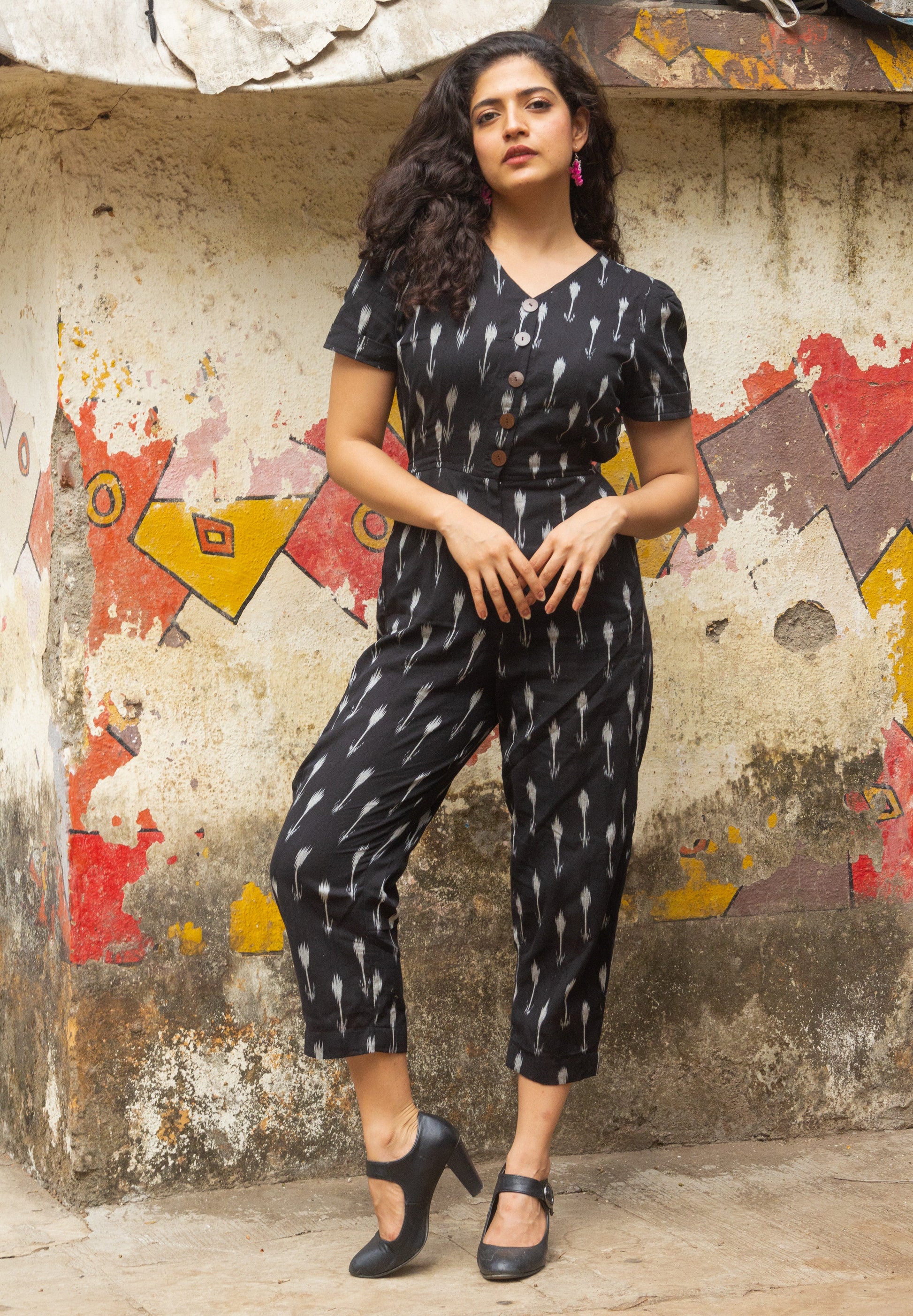 Black Ikat pure handloom cotton jumpsuit for summers