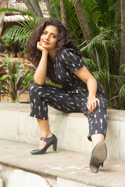 Black Ikat pure handloom cotton jumpsuit for summers