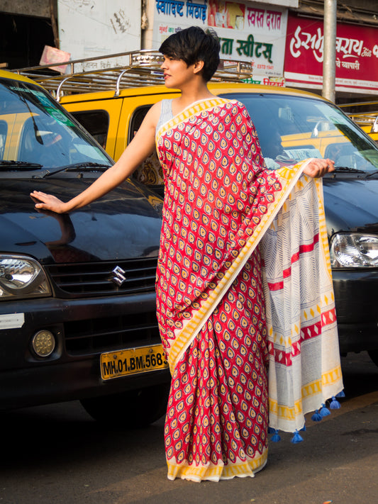Paisley hand block print saree