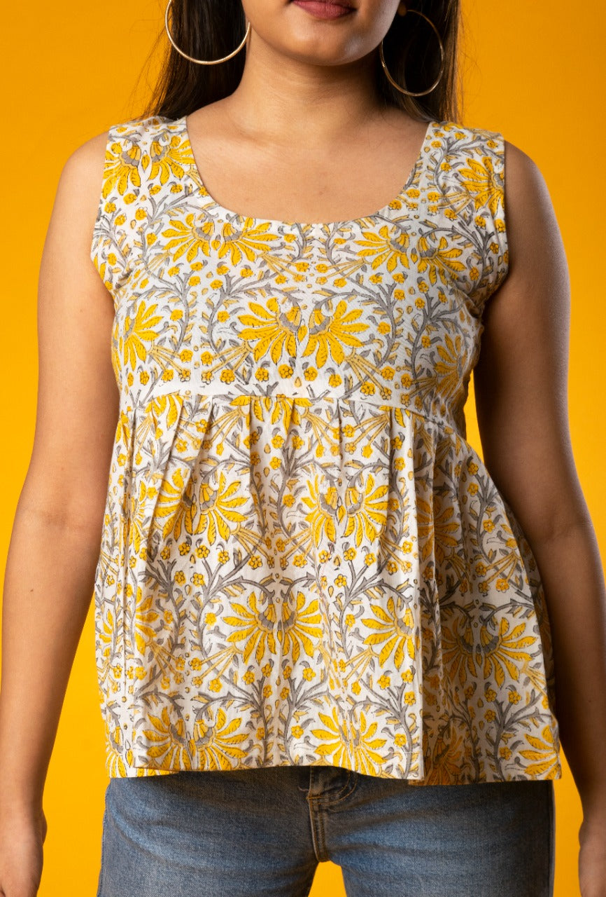 Yellow floral block print top