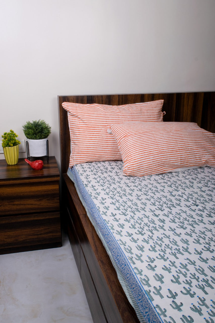 Cactus Block Print Bedsheet