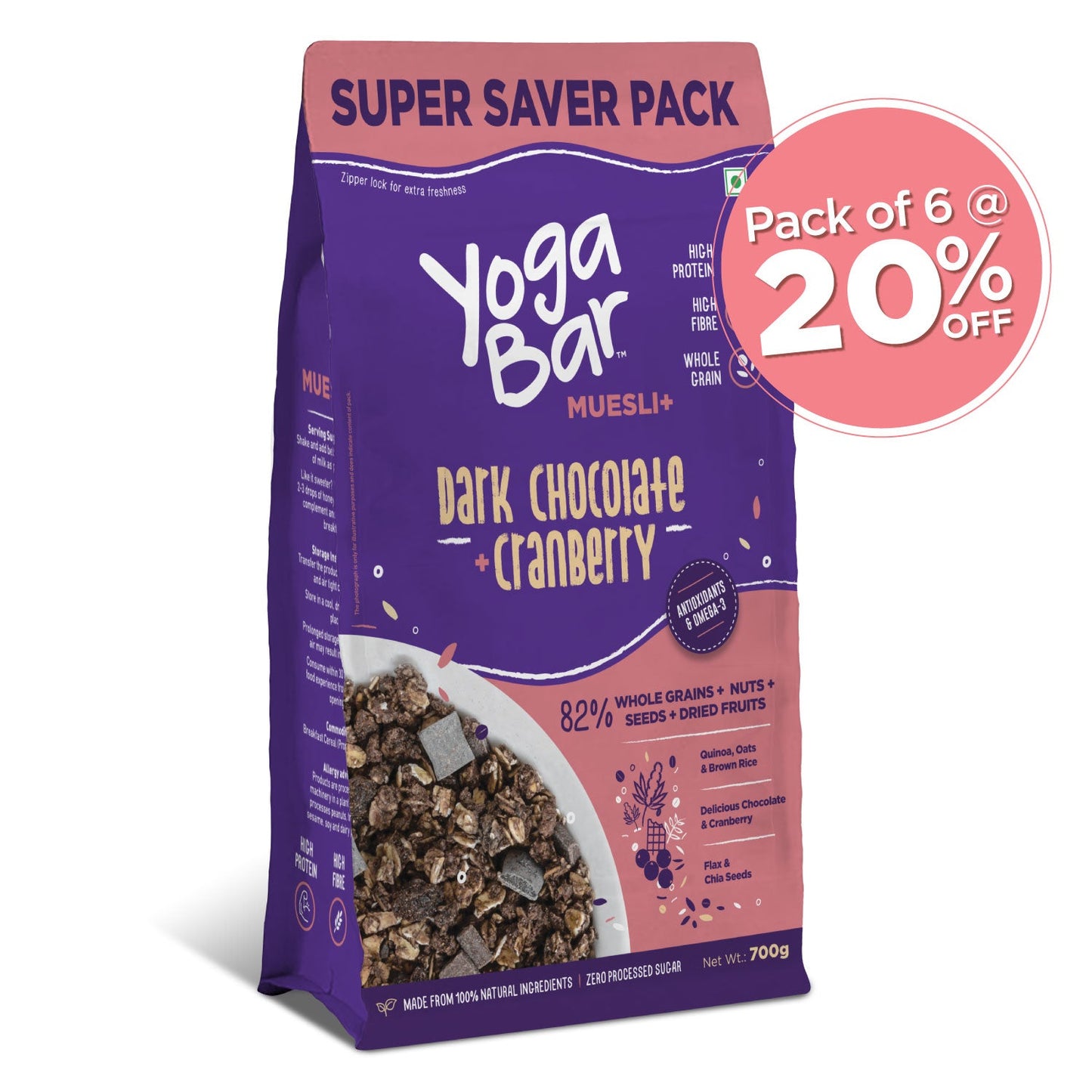 Dark Chocolate + Cranberries Wholegrain Muesli - 700g - 6 Packs
