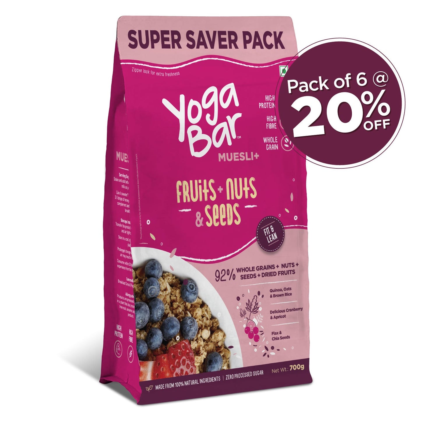 Fruits, Nuts + Seeds Wholegrain Muesli - 700g - 6 Packs